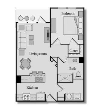 Floor plan for 1 bed, 1 bath, 717 sqft